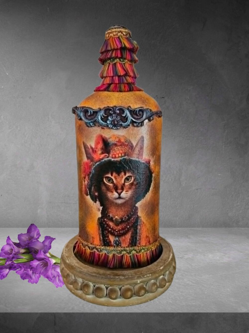 Decoupage Cat Decor | Hand-Painted Whimsical Cottage Style Bottle